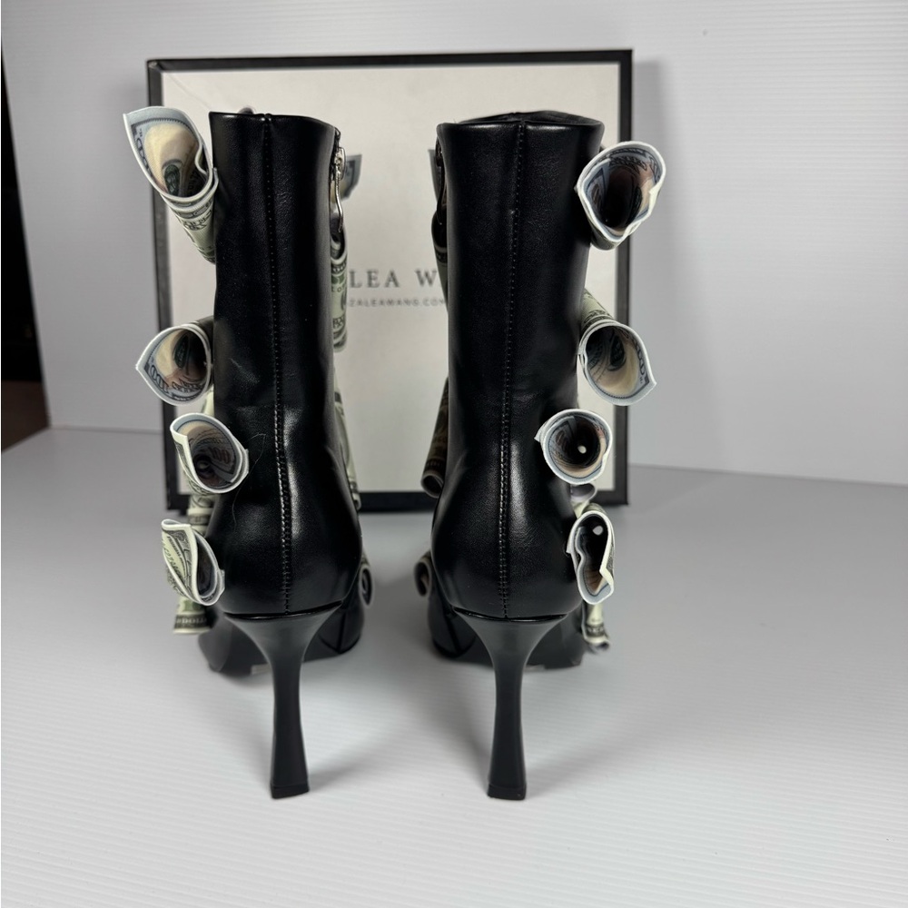 Azalea Wang Dinero Black Money Heels Multi Sizes Dollar Bill Statement Boot NWT - Picture 7 of 8